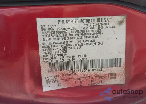 2000 Ford Taurus Se из США, поврежденный, VIN 1FAFP53U3YA109162